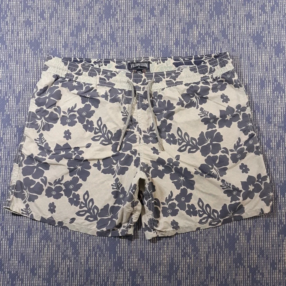 Vilebrequin Swim Trunks Shorts Unlined Mens 2XL 40 x 6 Floral White Blue Beach